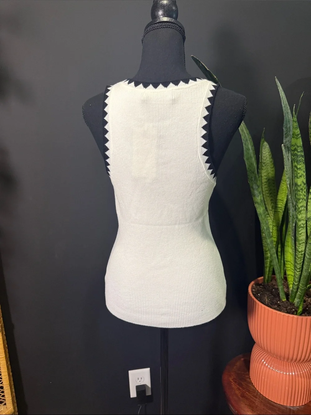 Women's Cream Ribbed Tank Top with Black Trim - Picture 2 of 2